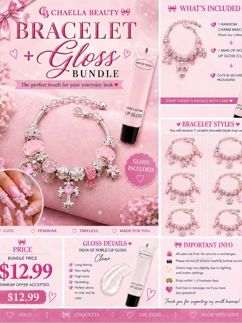 Pink & Silver Charm Bracelet + Clear Lip Gloss | Chaella Beauty